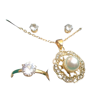 Crystal Simulated Button Pearl Pendant With Gold Tone Chain And Stud Earrings And Rings Set